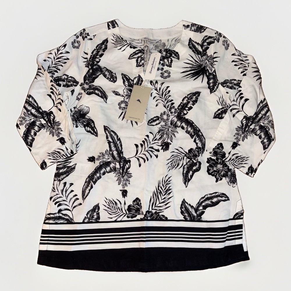 NWT Tommy Bahama Tunic 3/4 Sleeve, Linen Blend, Black & White Tropical Print XS